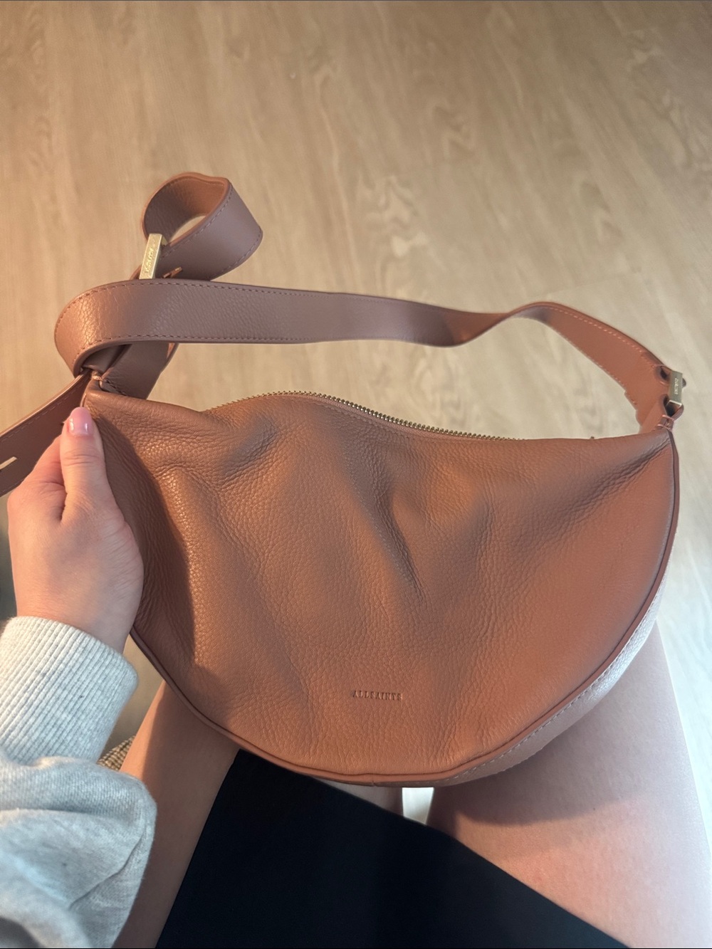 AllSaints Crescent Shoulder Bag in Brown Leather